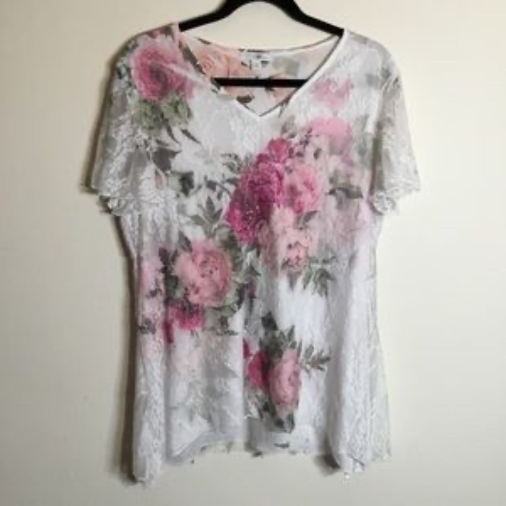 ROZ & ALI SOFT FLORAL LACE OVERLAY BLOUSE - Picture 1 of 5